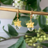Mini Floral Huggies, Small Yellow Flower Drop Hoop Earrings, Summer Flower Clear Water Drop Earrings, Osmanthus Unique Dangle
